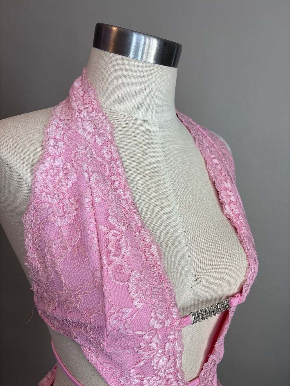 Pink Lace Halter Cut-Out Mini Dress with Rhinestone Detail - Picture 5 of 11